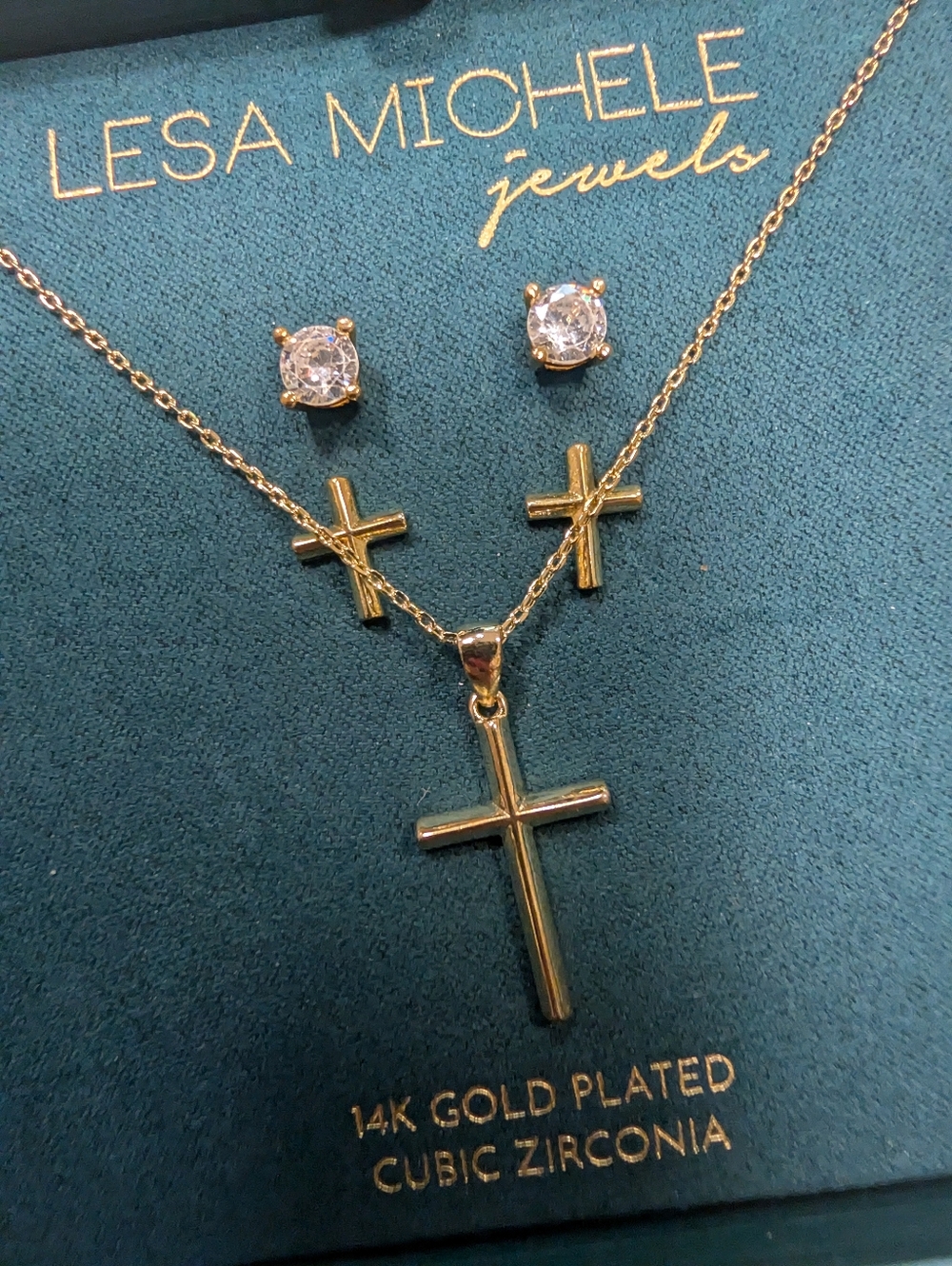 Lesa Michele Gold Cross Necklace Set + 2 Earrings CZ & Cross NWT